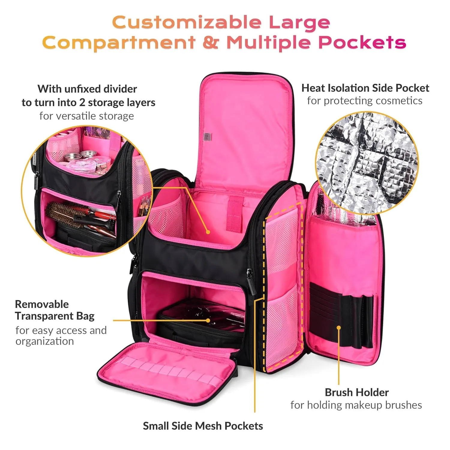 BYOOTIQUE Rolling Hairdresser Organizer Case with Hair Tools Travel Bag Backpack for Hair Stylist Tools Curling Iron Hair Straightener Salon Barber Shop, Pink