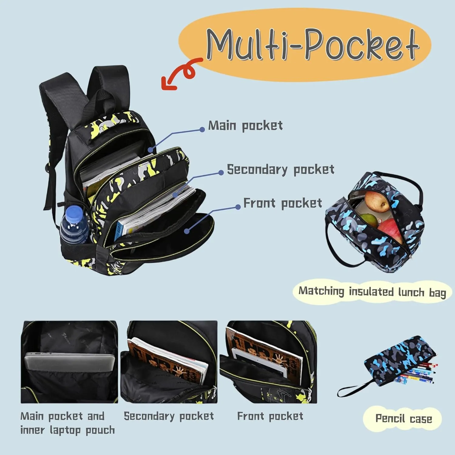 Camo Kids Backpack Lunchbox Combo for Boys 3 Piece, Camouflage Boys Backpack Set for Kids with Insulated Lunch Bag