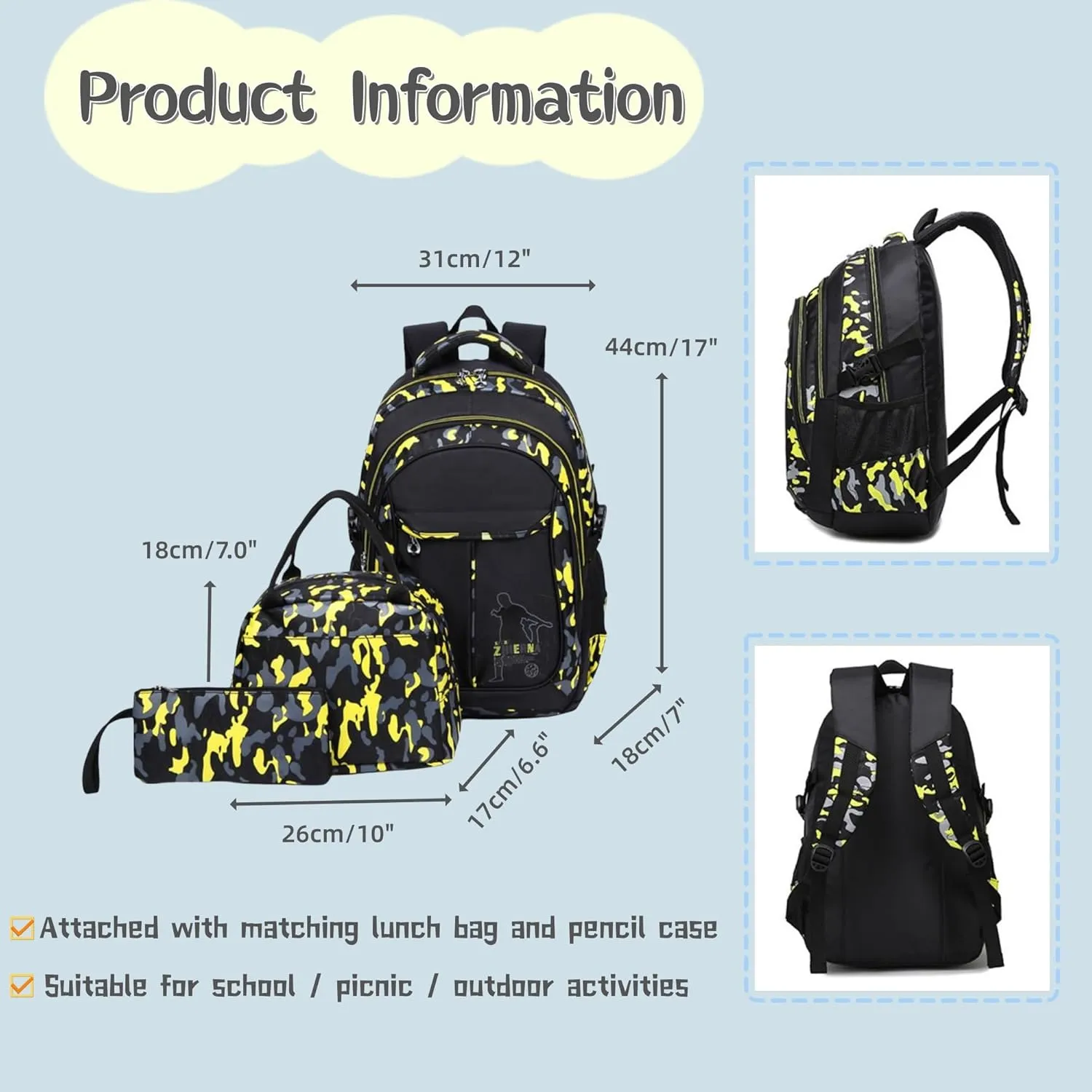 Camo Kids Backpack Lunchbox Combo for Boys 3 Piece, Camouflage Boys Backpack Set for Kids with Insulated Lunch Bag