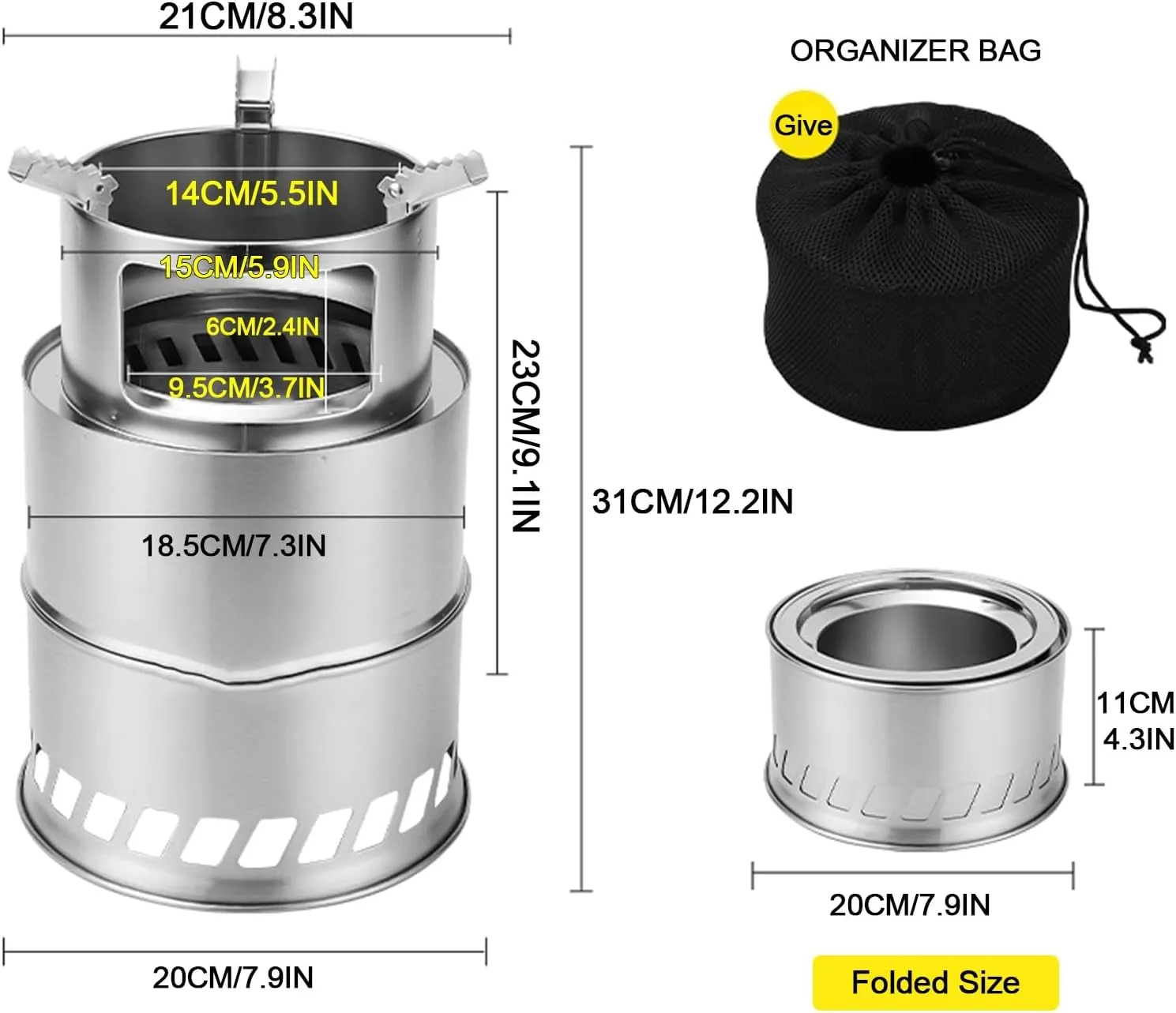 Camp Stove Wood,Portable Wood Stove,Foldable Camping Stainless Steel Stove, for Backyard Barbecue Outdoor Camping/M