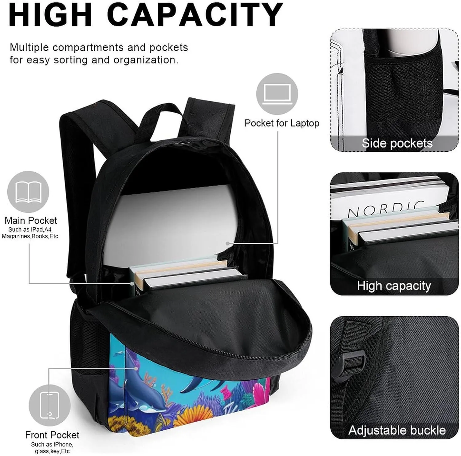 Camping Outdoor Backpack 3 Piece Daypack Climbing Shoulder Bag Big Capacity Daypack Dolphins Sea Underwater Beautiful Sea World Art Daypack Backpack for Man/Women/Adults