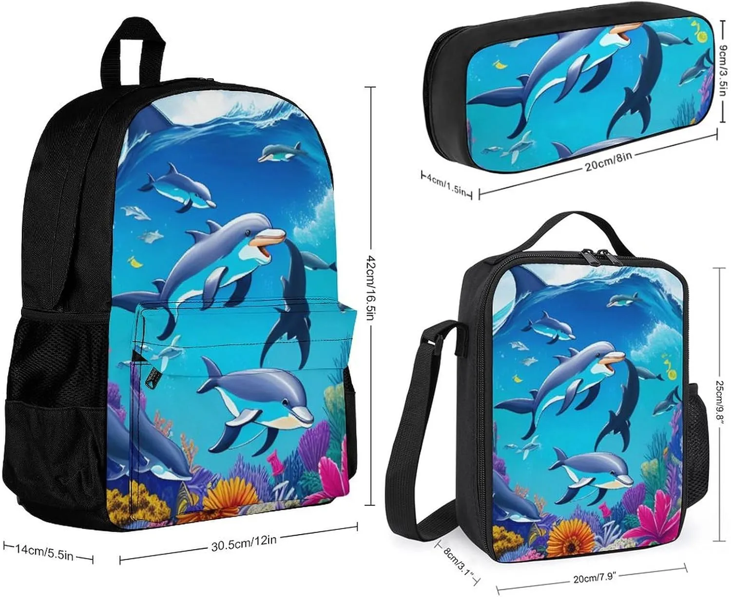 Camping Outdoor Backpack 3 Piece Daypack Climbing Shoulder Bag Big Capacity Daypack Dolphins Sea Underwater Beautiful Sea World Art Daypack Backpack for Man/Women/Adults