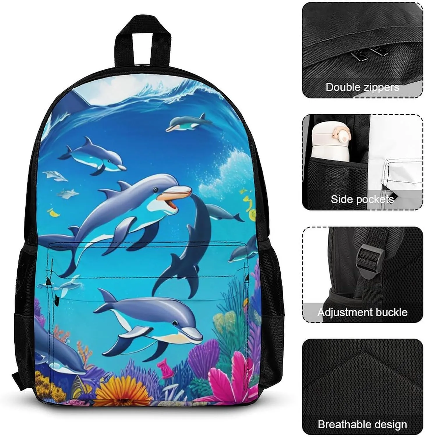 Camping Outdoor Backpack 3 Piece Daypack Climbing Shoulder Bag Big Capacity Daypack Dolphins Sea Underwater Beautiful Sea World Art Daypack Backpack for Man/Women/Adults