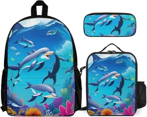 Camping Outdoor Backpack 3 Piece Daypack Climbing Shoulder Bag Big Capacity Daypack Dolphins Sea Underwater Beautiful Sea World Art Daypack Backpack for Man/Women/Adults