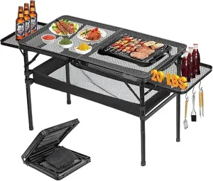 Camping Table Portable Folding Grill Table with 2 Wing Panels, Camping Picnic Table Two Heights Available, Outdoor Grill Table with Heighten M Beach Picnic