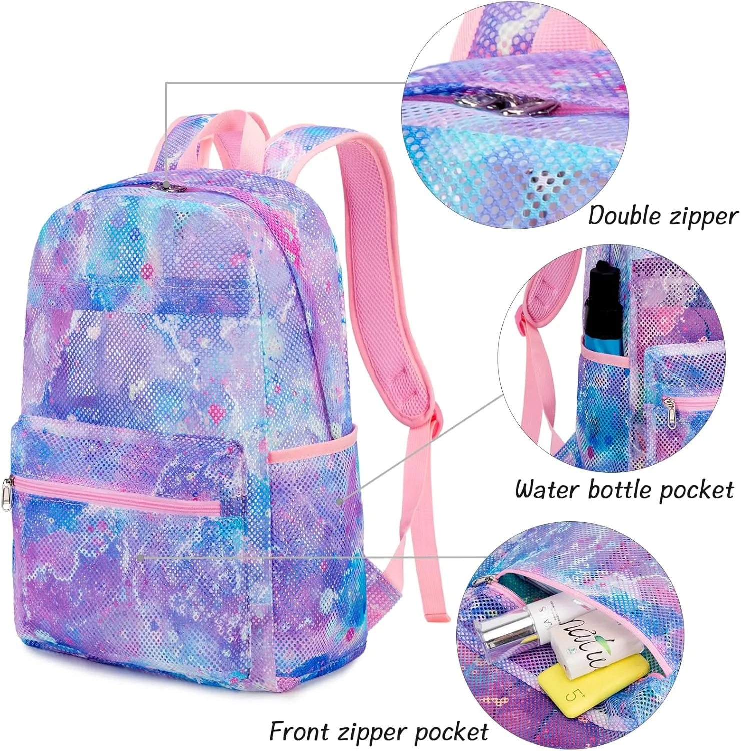 CAMTOP Mesh Backpack for Kids Girls Semi-Transparent See Through Sturdy School Bookbag Casual Daypack for Beach Swim Work Gym (Tie Dye Purple)