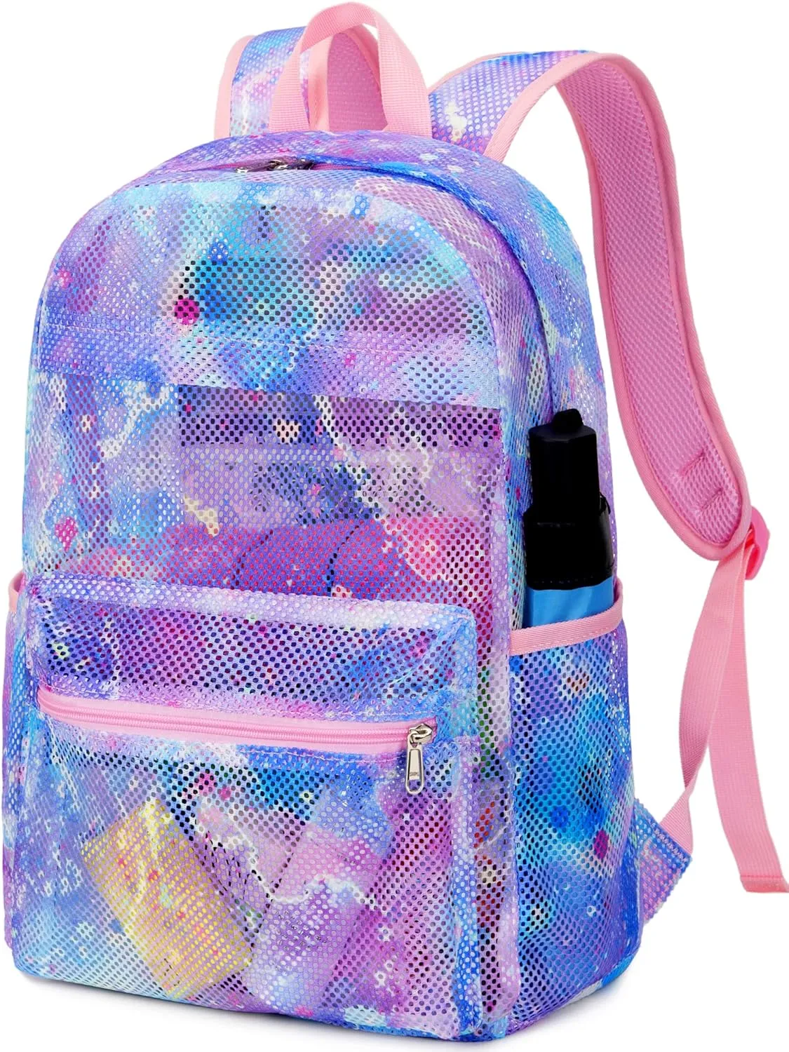 CAMTOP Mesh Backpack for Kids Girls Semi-Transparent See Through Sturdy School Bookbag Casual Daypack for Beach Swim Work Gym (Tie Dye Purple)