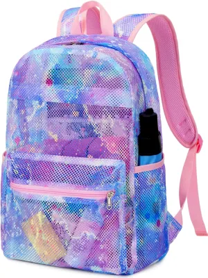 CAMTOP Mesh Backpack for Kids Girls Semi-Transparent See Through Sturdy School Bookbag Casual Daypack for Beach Swim Work Gym (Tie Dye Purple)