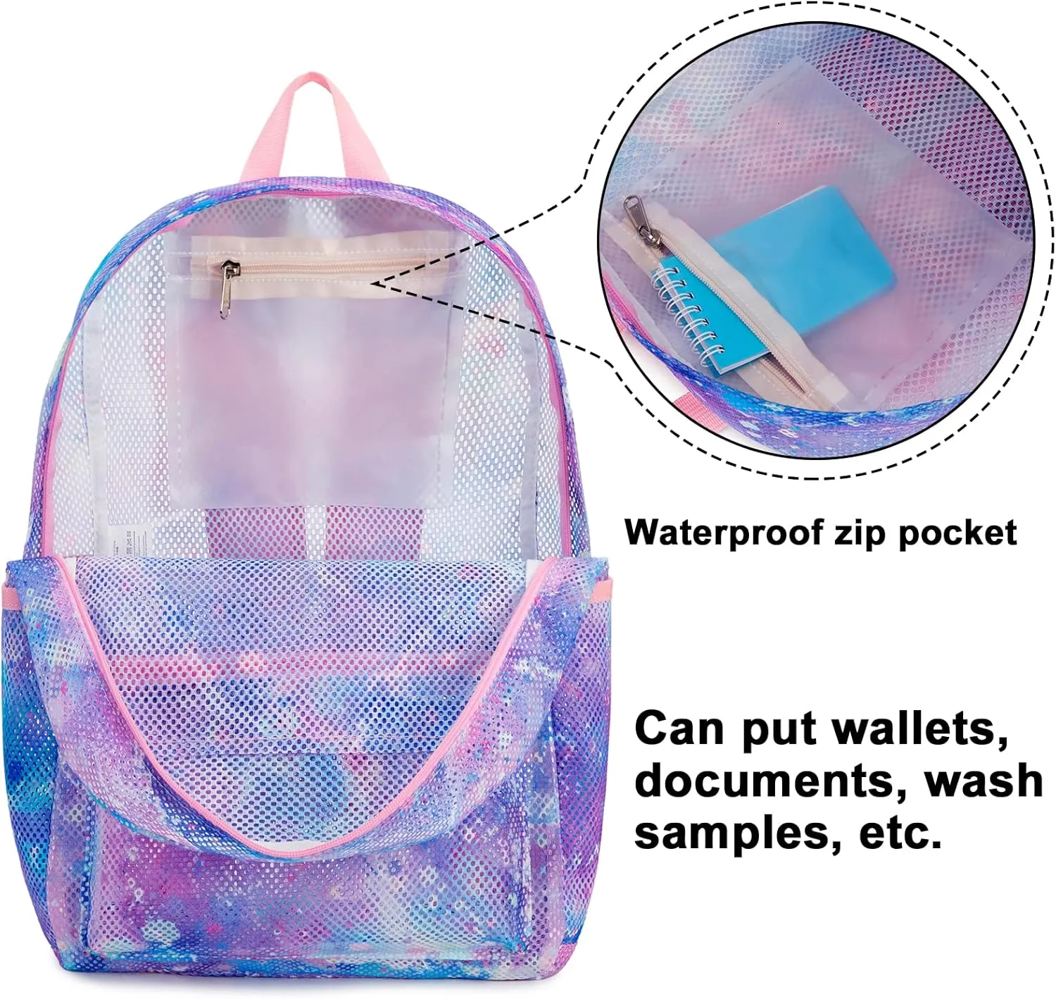 CAMTOP Mesh Backpack for Kids Girls Semi-Transparent See Through Sturdy School Bookbag Casual Daypack for Beach Swim Work Gym (Tie Dye Purple)