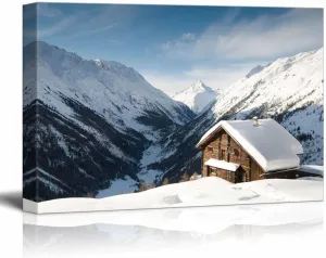 Canvas Prints Wall Art -Winterscene of Alpine Valley with Ssnow Coverd Cabin| Modern Home Deoration/Wall Art Giclee Printing Wrapped Canvas Art Ready to Hang - 24" x 36"