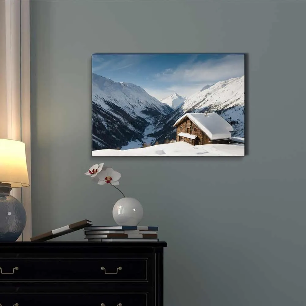 Canvas Prints Wall Art -Winterscene of Alpine Valley with Ssnow Coverd Cabin| Modern Home Deoration/Wall Art Giclee Printing Wrapped Canvas Art Ready to Hang - 24" x 36"