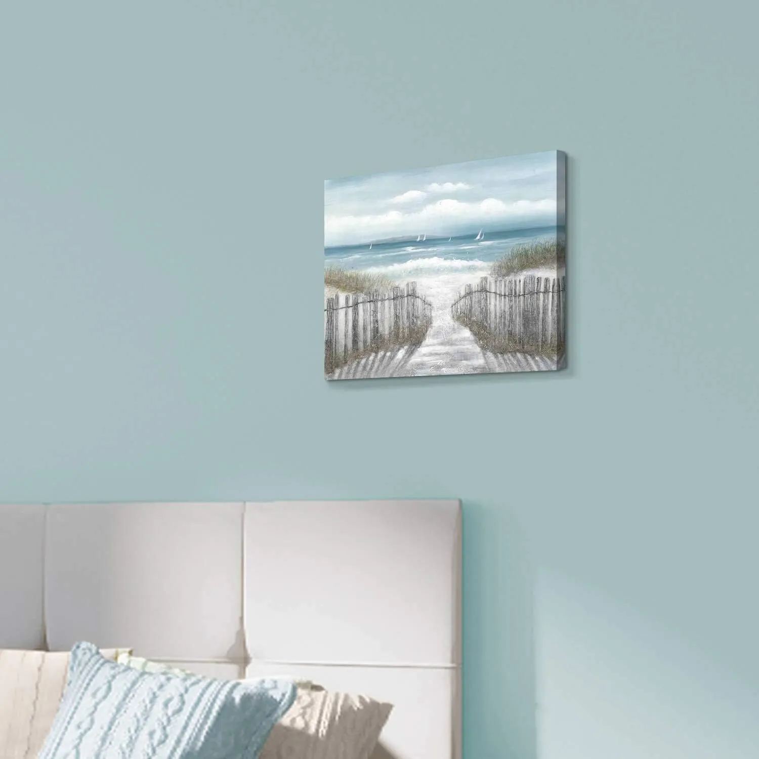 Canvas Wall Art Beach Pathway: Sandy Path with Fence Painting to The Coastal Prints Artwork Picture for Bathroom (16'' x 11'', Multi-Sized)