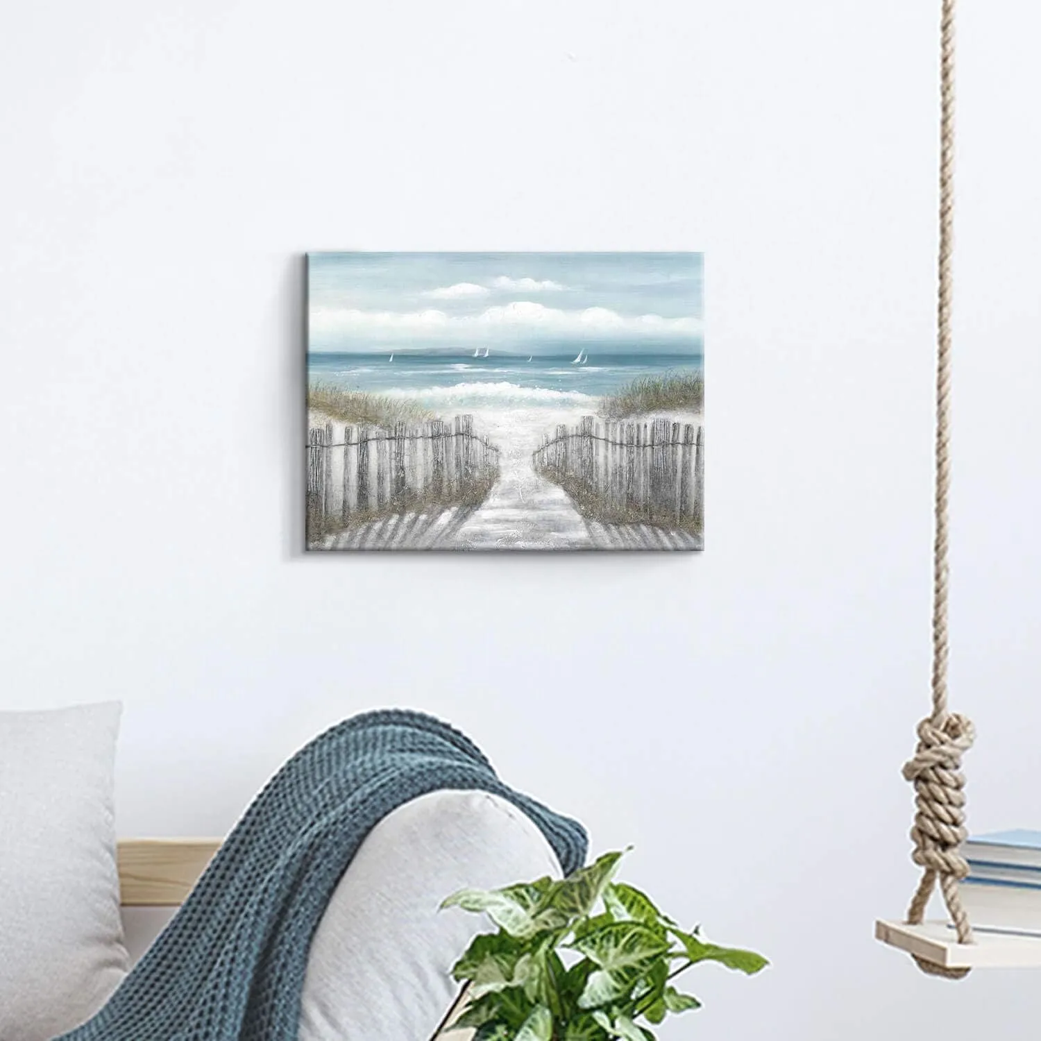 Canvas Wall Art Beach Pathway: Sandy Path with Fence Painting to The Coastal Prints Artwork Picture for Bathroom (16'' x 11'', Multi-Sized)