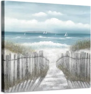 Canvas Wall Art Beach Pathway: Sandy Path with Fence Painting to The Coastal Prints Artwork Picture for Bathroom (16'' x 11'', Multi-Sized)