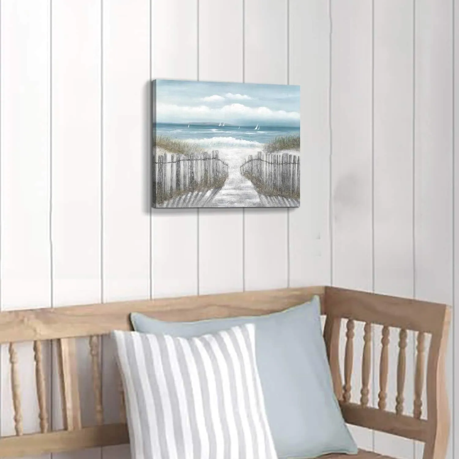 Canvas Wall Art Beach Pathway: Sandy Path with Fence Painting to The Coastal Prints Artwork Picture for Bathroom (16'' x 11'', Multi-Sized)