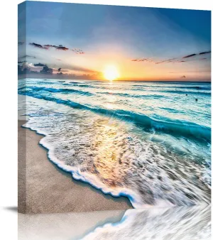 Canvas Wall Art - Sand Beach Wave Sea Hawaiian Sunrise Wall Decor Paintings Pictures for Living Room Modern Artwork Stretched and Framed Ready to Hang 12" x 12"