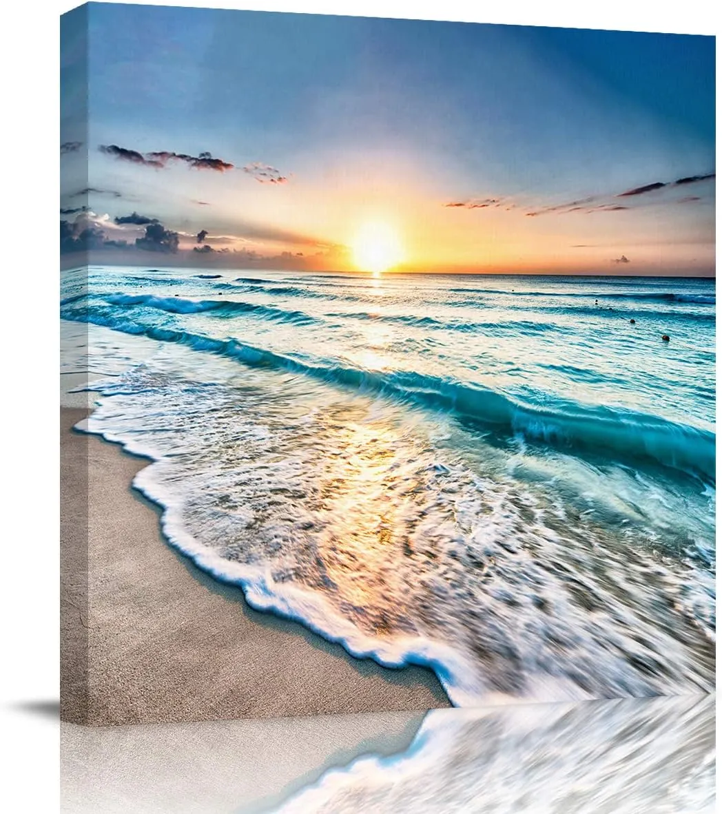 Canvas Wall Art - Sand Beach Wave Sea Hawaiian Sunrise Wall Decor Paintings Pictures for Living Room Modern Artwork Stretched and Framed Ready to Hang 12" x 12"