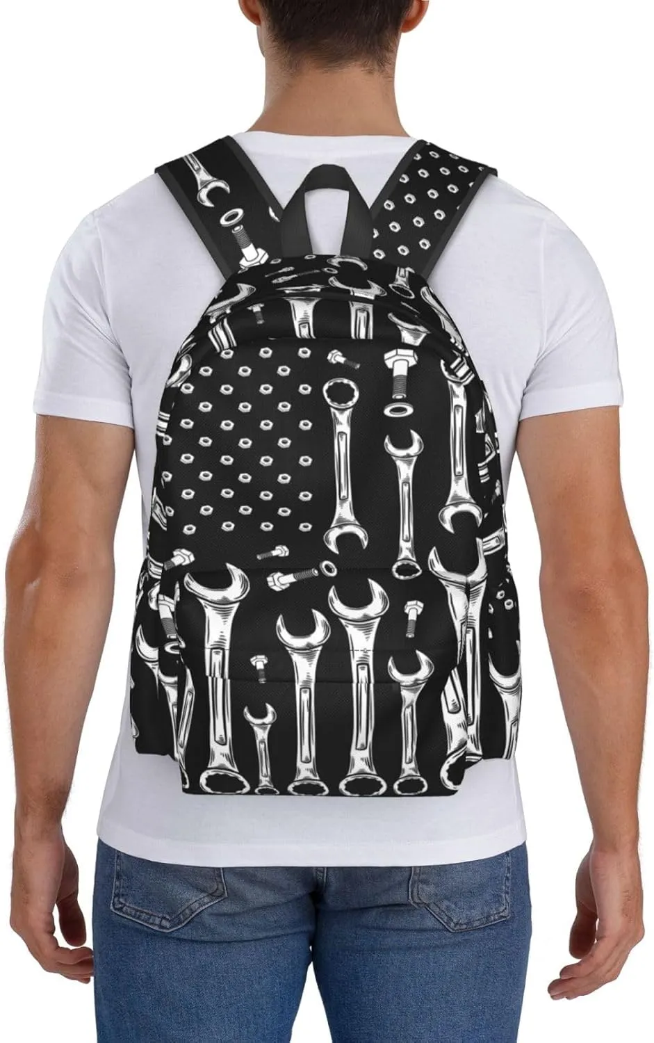 Car Mechanic American Flag Casual Backpacks Large Travel Backpack Laptop Rucksack Sports Daypack Adjustable Strap Bag for Camping Hiking