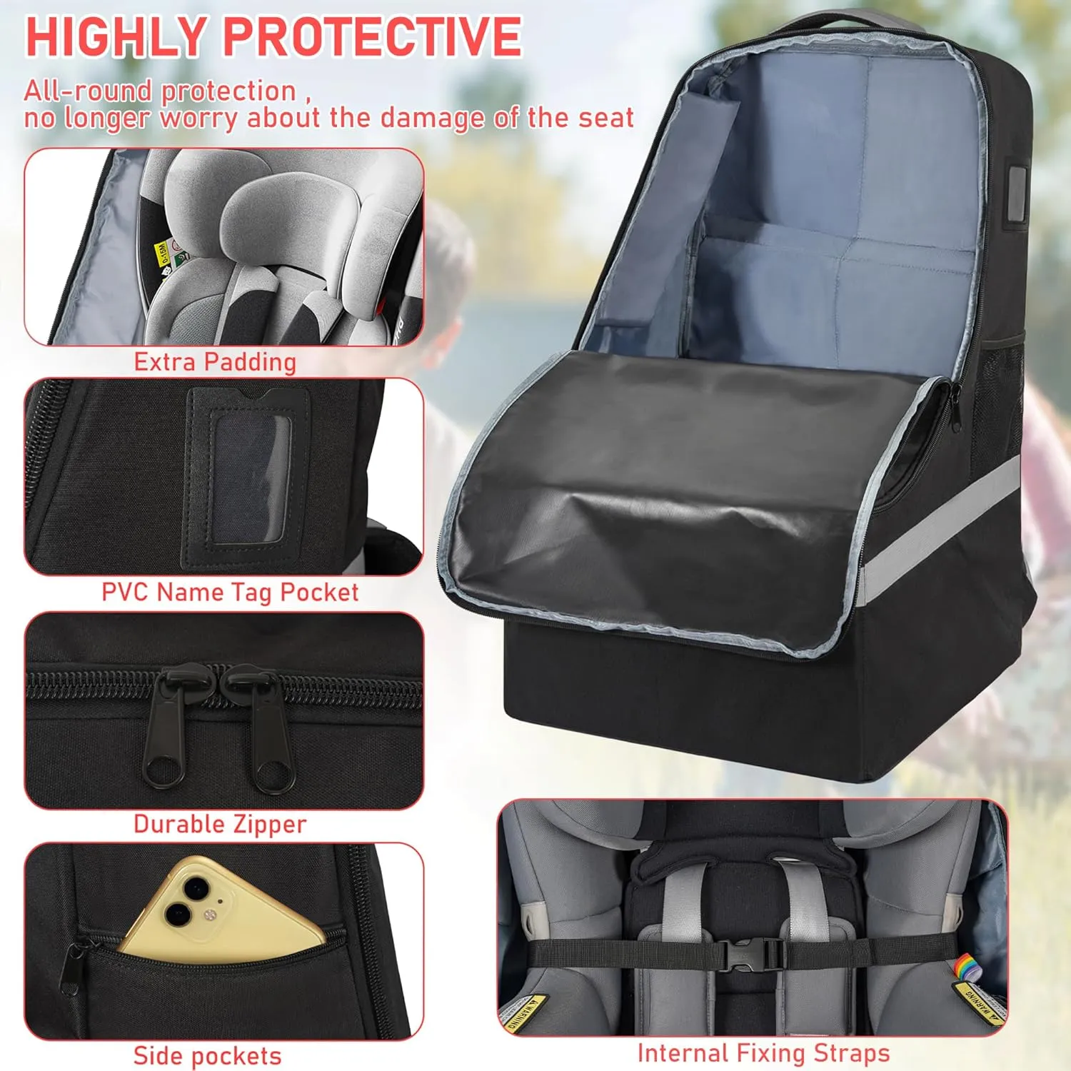 Car Seat Travel Bag Heavy Duty Car Seat Bag for Airplane Gate Check Car Seat Backpack with Shoulder Strap