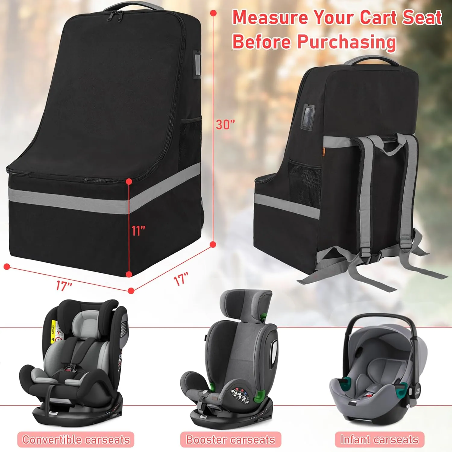 Car Seat Travel Bag Heavy Duty Car Seat Bag for Airplane Gate Check Car Seat Backpack with Shoulder Strap
