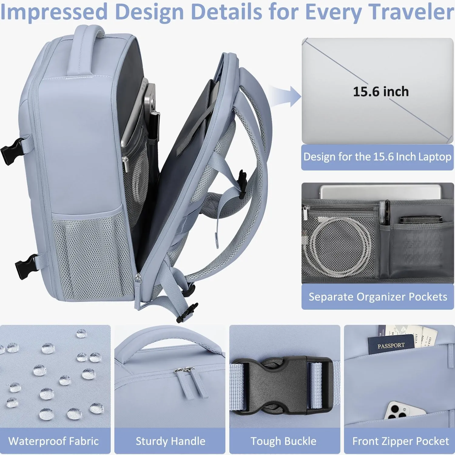 Carry on Backpack for Women TSA Approved 15.6 Inch Travel Laptop Backpack for Women Travel Essentials Foldable Womens Travel Backpack Suitcase Blue