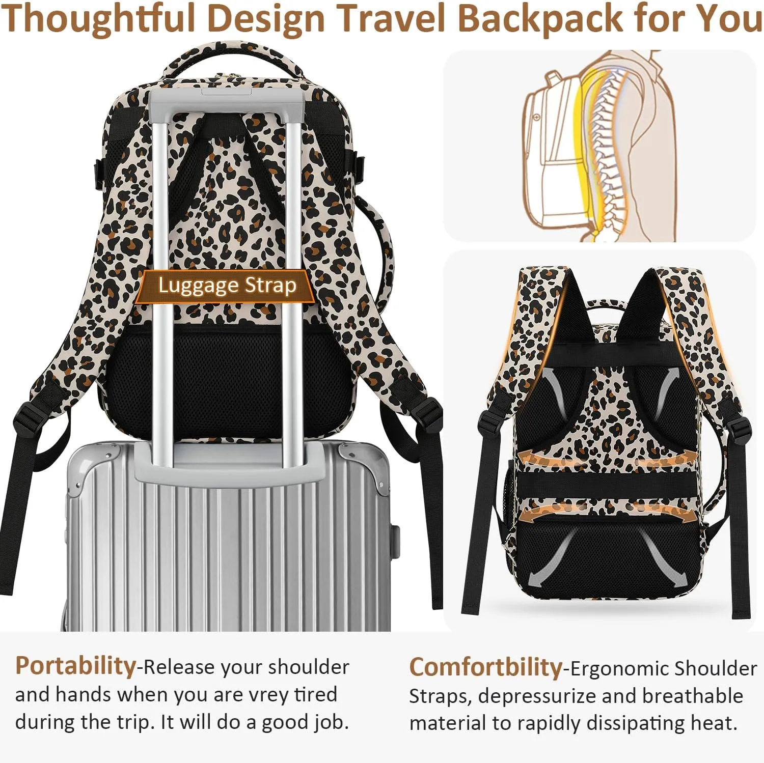 Carry on Backpack for Women TSA Approved 15.6 Inch Travel Laptop Backpack for Women Travel Essentials Foldable Womens Travel Backpack Suitcase Leopard Print