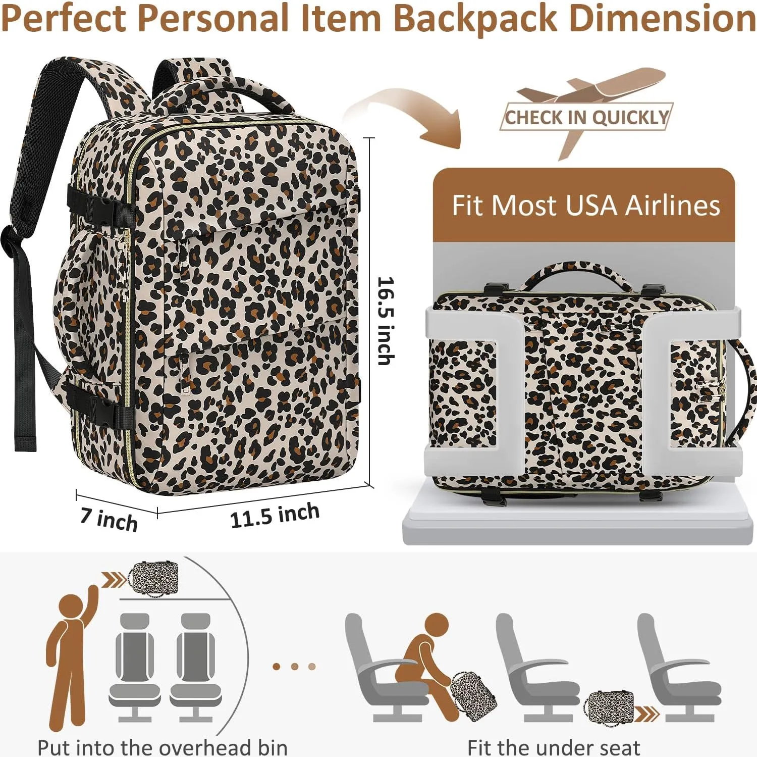 Carry on Backpack for Women TSA Approved 15.6 Inch Travel Laptop Backpack for Women Travel Essentials Foldable Womens Travel Backpack Suitcase Leopard Print