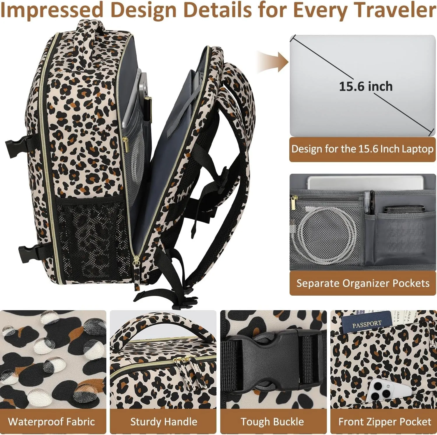 Carry on Backpack for Women TSA Approved 15.6 Inch Travel Laptop Backpack for Women Travel Essentials Foldable Womens Travel Backpack Suitcase Leopard Print