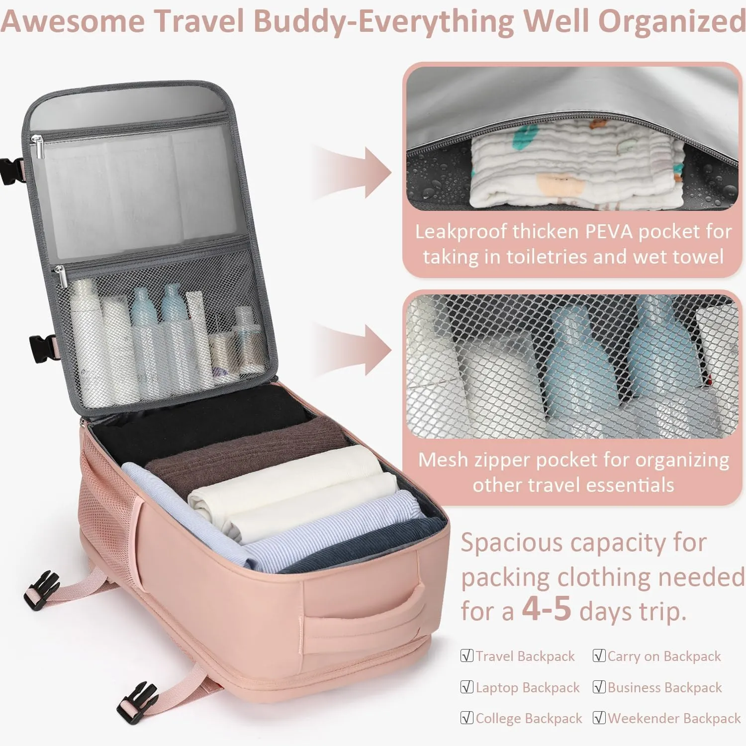 Carry on Backpack for Women TSA Approved 15.6 Inch Travel Laptop Backpack for Women Travel Essentials Womens Travel Backpack Suitcase Pink
