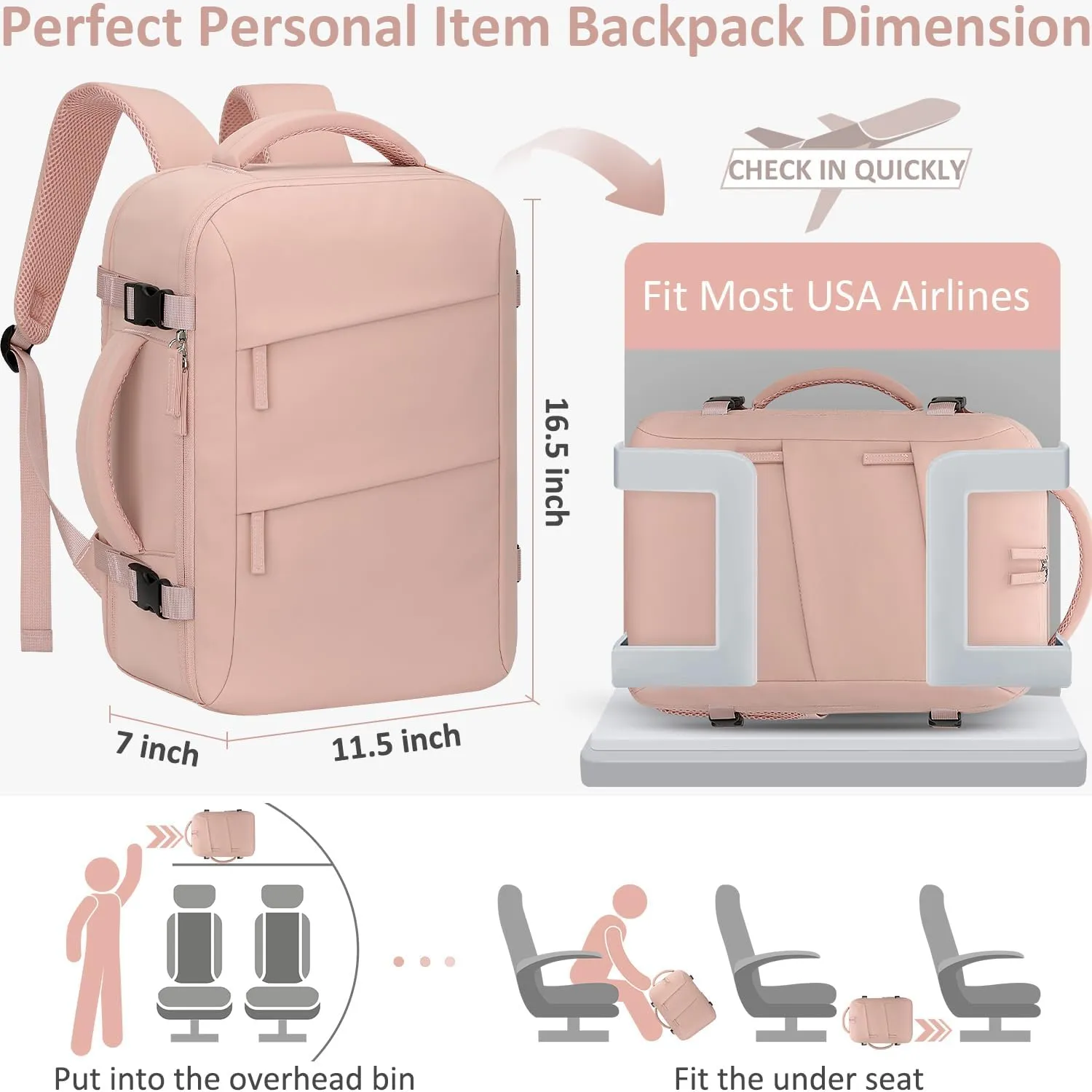 Carry on Backpack for Women TSA Approved 15.6 Inch Travel Laptop Backpack for Women Travel Essentials Womens Travel Backpack Suitcase Pink