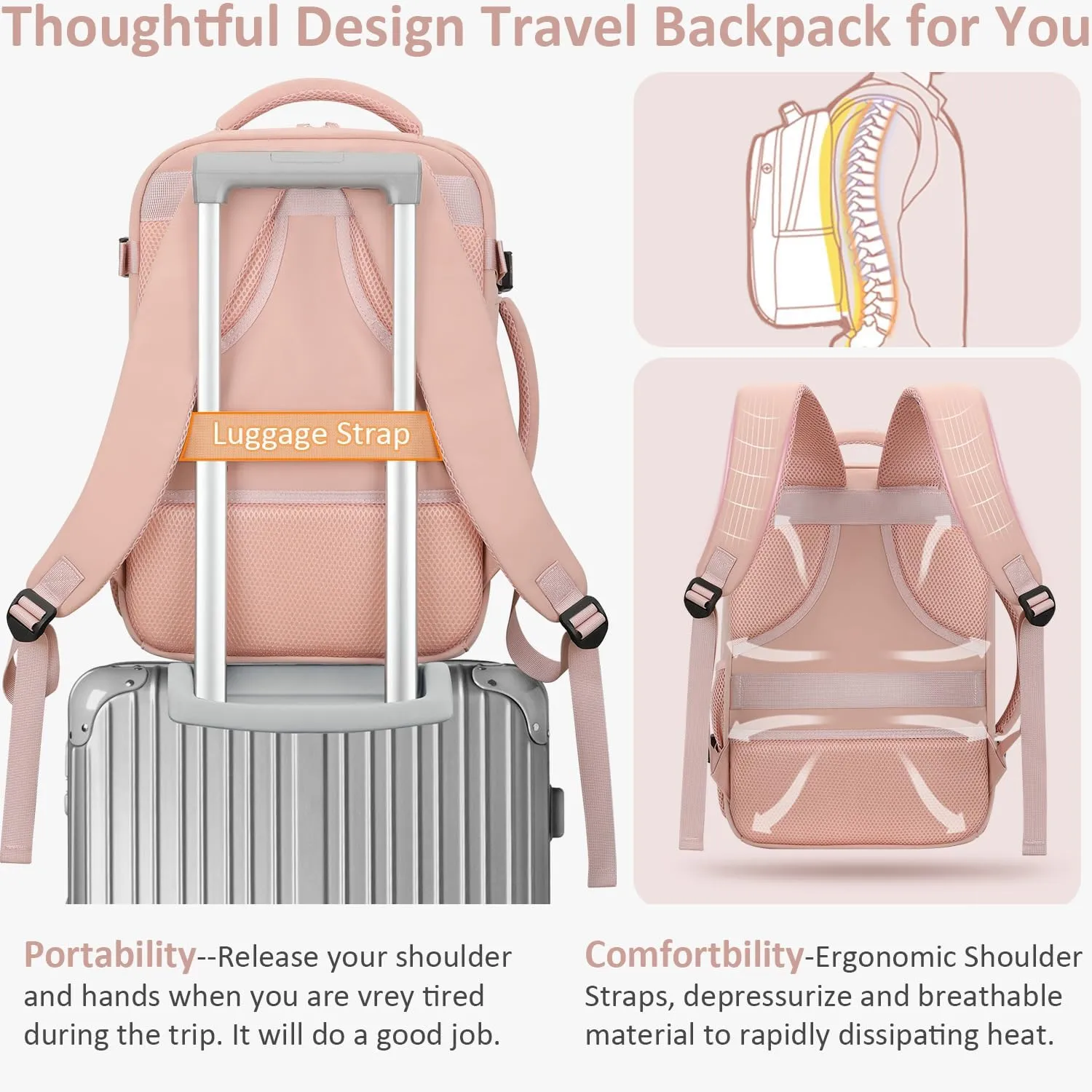 Carry on Backpack for Women TSA Approved 15.6 Inch Travel Laptop Backpack for Women Travel Essentials Womens Travel Backpack Suitcase Pink