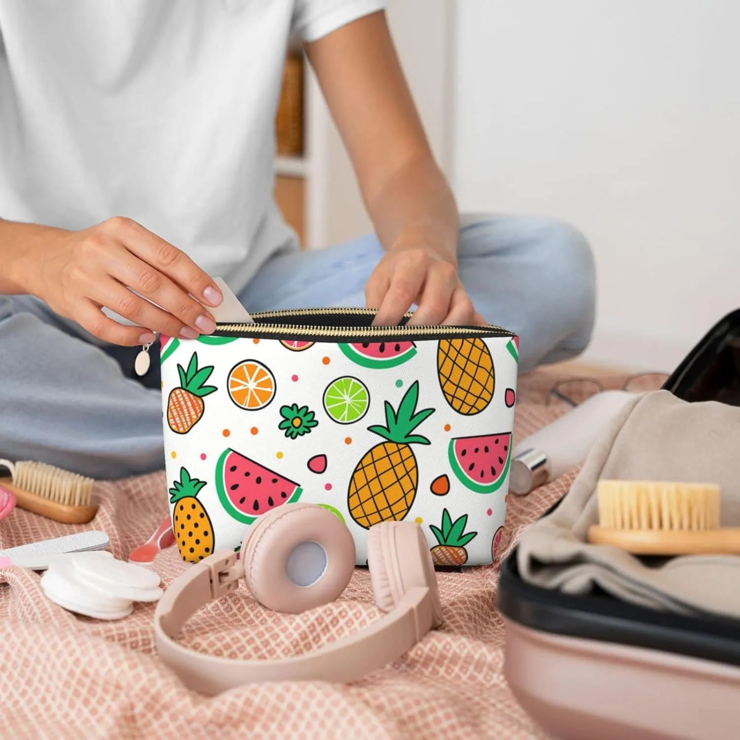 Cartoon Fruit Makeup Bag Waterproof Cosmetic Bag Organizer Small Make Up Zipper Pouch Portable Travel Toiletry Bag For Women Girls