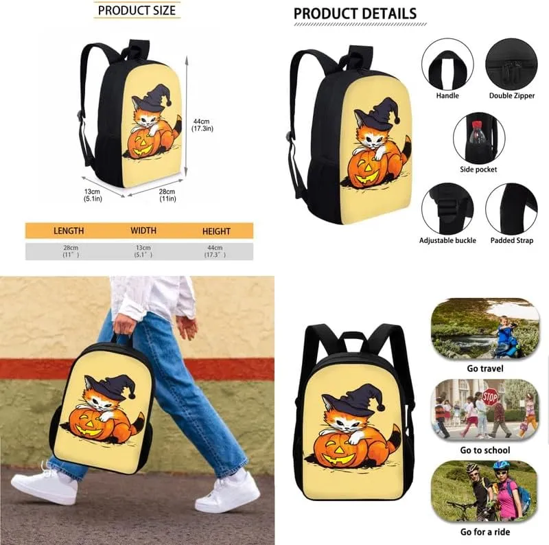 Cartoon Pumpkin Head Cat 3 PCS Backpack Combo Set,Preschool Halloween Pumpkin Backpack Lunchbox Pencil Case Lightweight Kindergarten School Bookbag Set