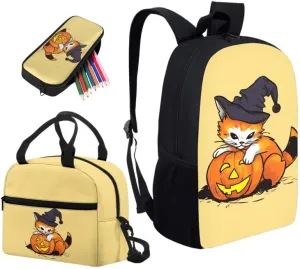 Cartoon Pumpkin Head Cat 3 PCS Backpack Combo Set,Preschool Halloween Pumpkin Backpack Lunchbox Pencil Case Lightweight Kindergarten School Bookbag Set