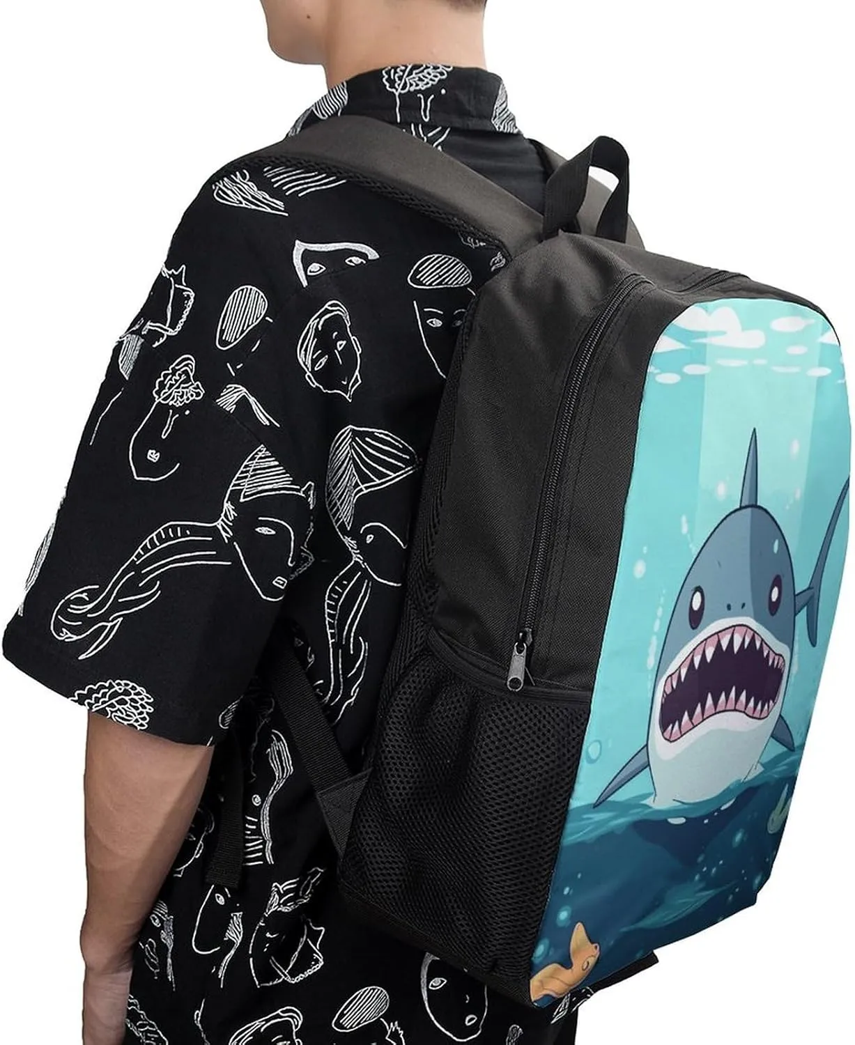 Cartoon Shark Floating in Water Backpack, Laptop Backpack for Men, 17 Inch Travel Hiking Daypack, Casual Backpack