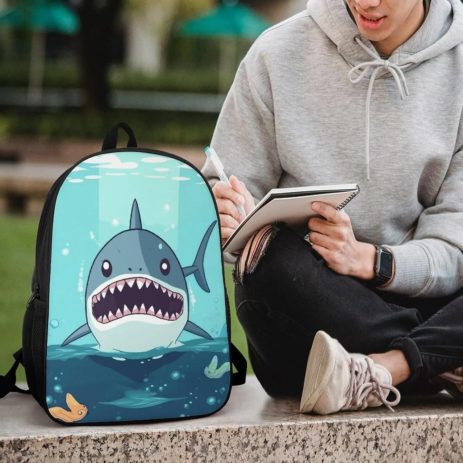 Cartoon Shark Floating in Water Backpack, Laptop Backpack for Men, 17 Inch Travel Hiking Daypack, Casual Backpack