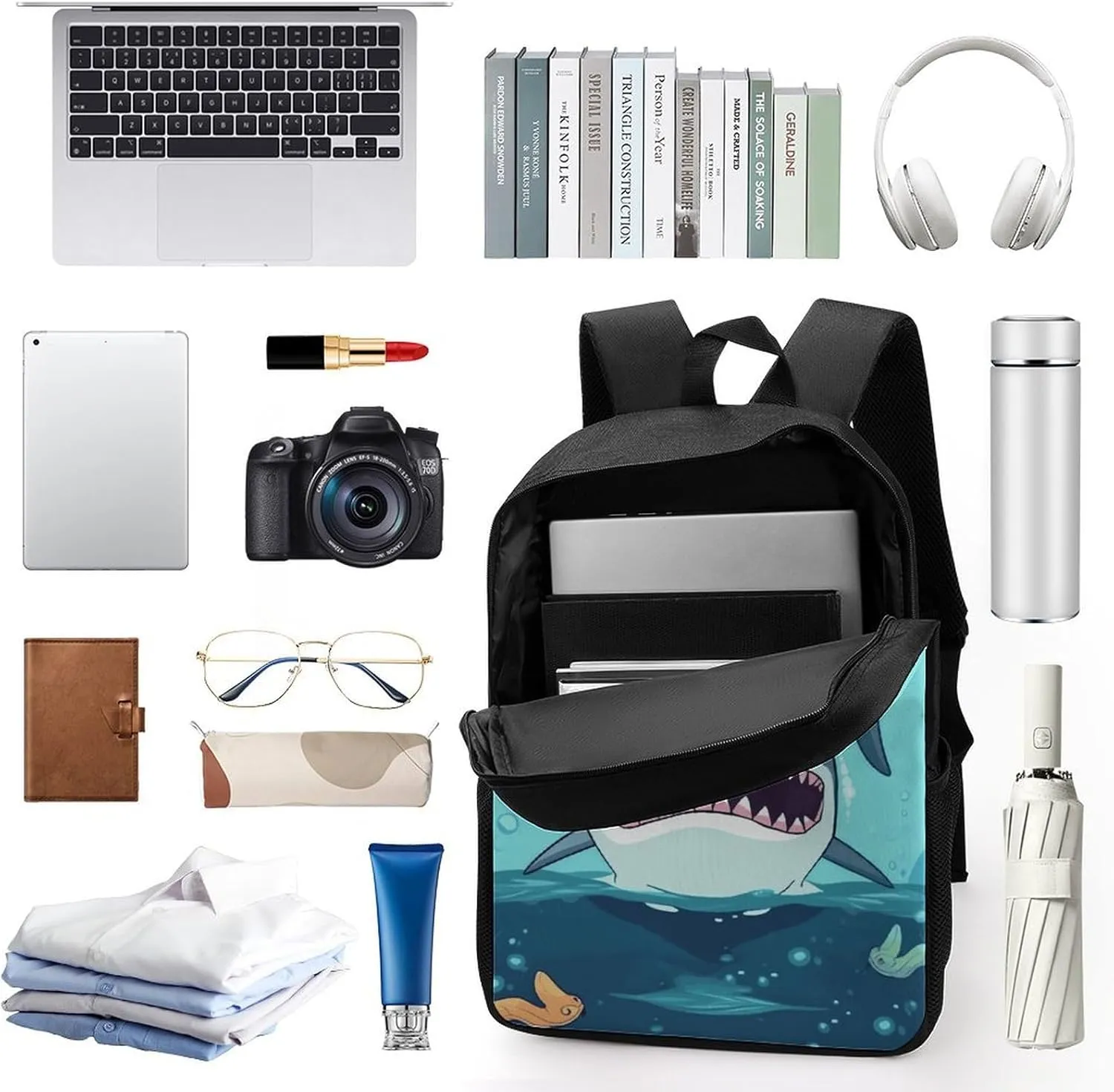 Cartoon Shark Floating in Water Backpack, Laptop Backpack for Men, 17 Inch Travel Hiking Daypack, Casual Backpack
