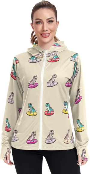 Cartoonish T Rex Beige Athletic Jacket Upf 50 , Long Sleeve Zip up Outdoor Hoodie