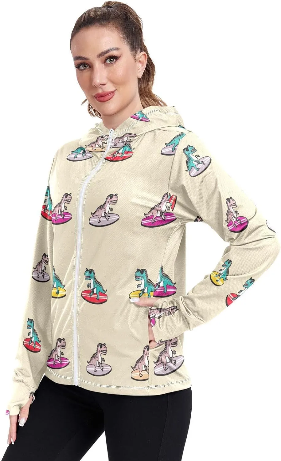 Cartoonish T Rex Beige Athletic Jacket Upf 50 , Long Sleeve Zip up Outdoor Hoodie