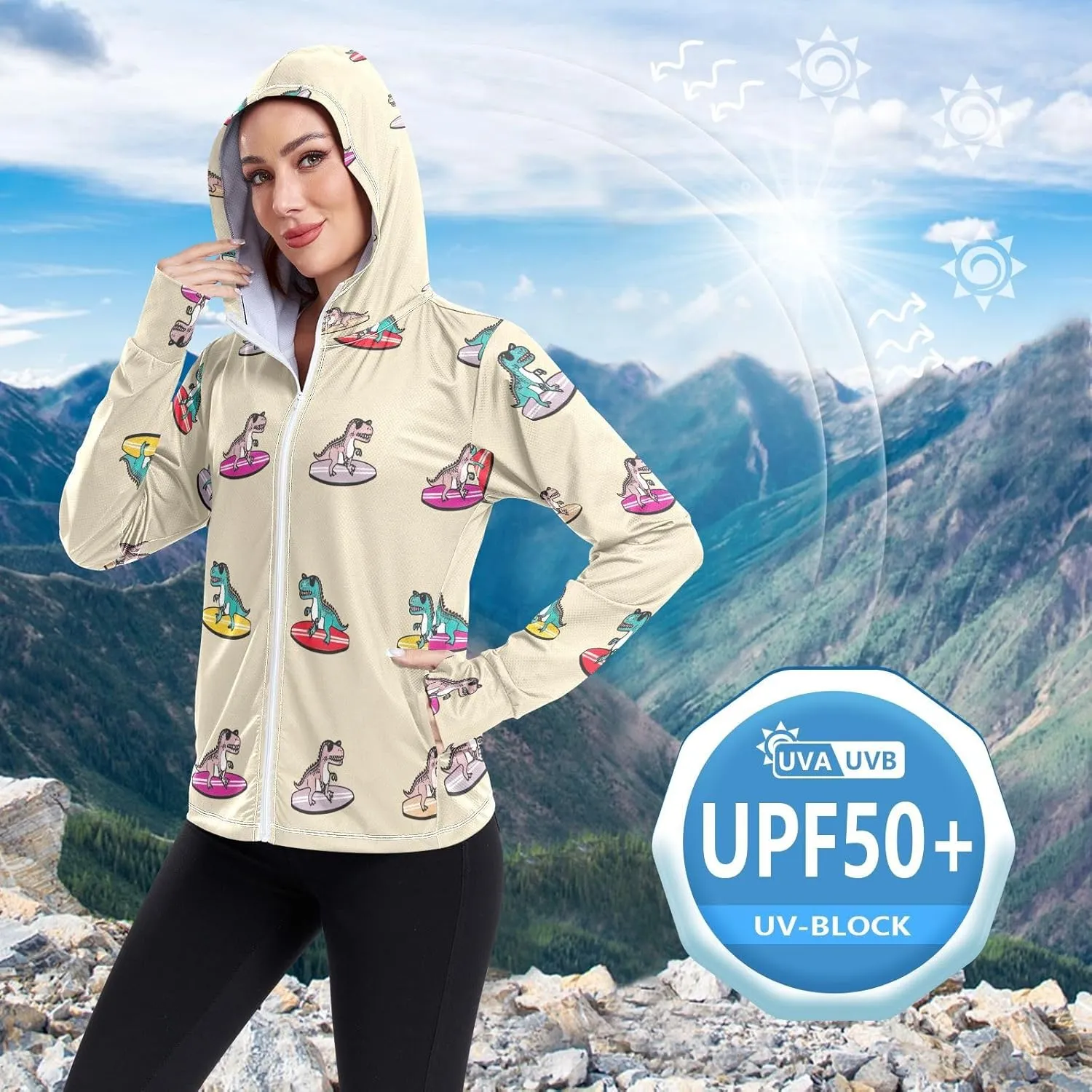 Cartoonish T Rex Beige Athletic Jacket Upf 50 , Long Sleeve Zip up Outdoor Hoodie