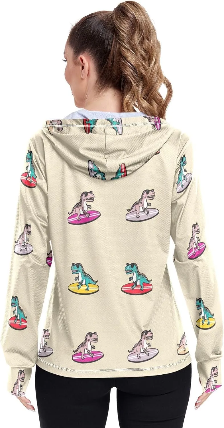 Cartoonish T Rex Beige Athletic Jacket Upf 50 , Long Sleeve Zip up Outdoor Hoodie
