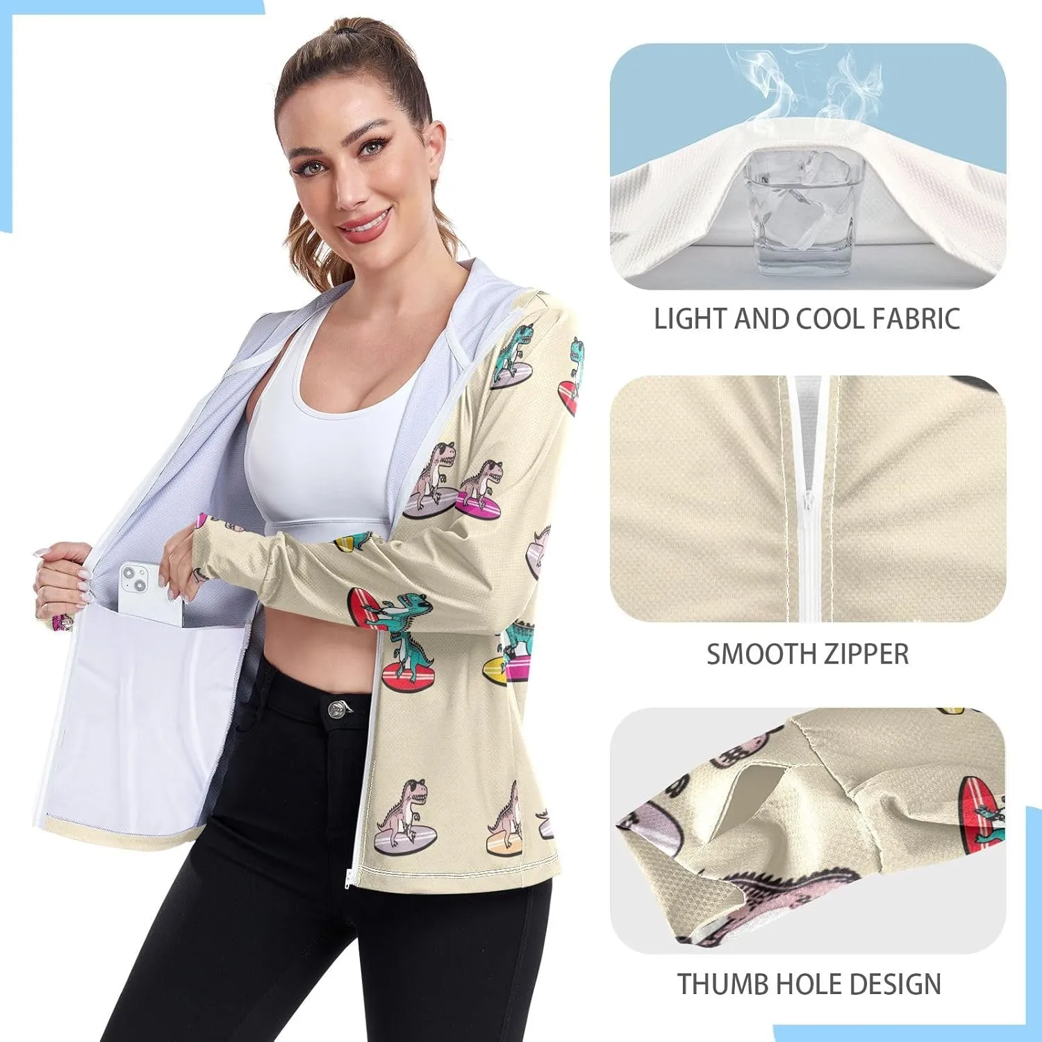 Cartoonish T Rex Beige Athletic Jacket Upf 50 , Long Sleeve Zip up Outdoor Hoodie