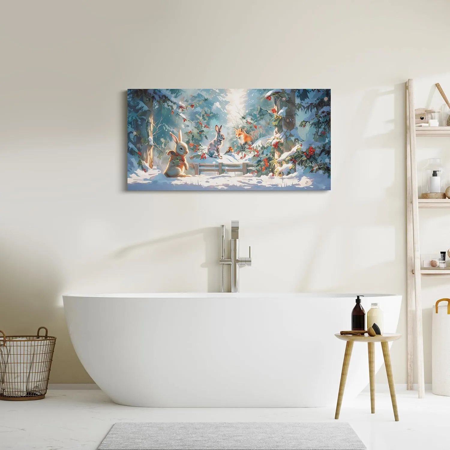 Castle Fairy Cute Rabbit Fox Large Canvas Wall Art,Natural Jungle Landscape Wall Decorations for Home,Snow Pine Tree Posters Decor Picture Paintings for Bedroom 58"X29"