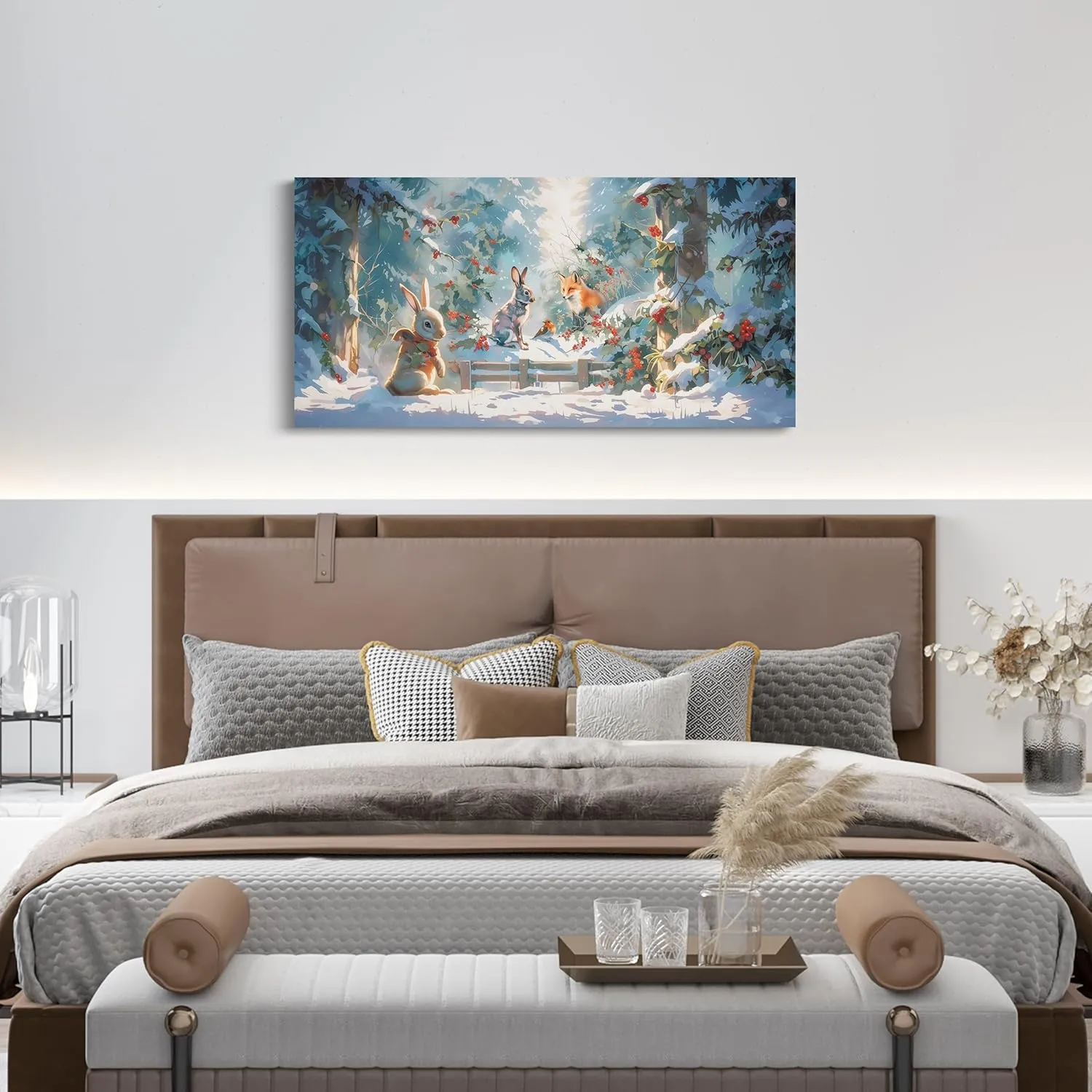 Castle Fairy Cute Rabbit Fox Large Canvas Wall Art,Natural Jungle Landscape Wall Decorations for Home,Snow Pine Tree Posters Decor Picture Paintings for Bedroom 58"X29"