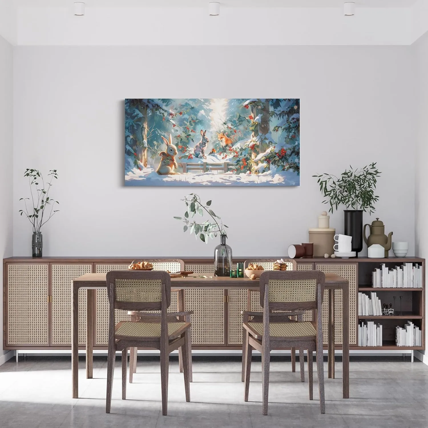Castle Fairy Cute Rabbit Fox Large Canvas Wall Art,Natural Jungle Landscape Wall Decorations for Home,Snow Pine Tree Posters Decor Picture Paintings for Bedroom 58"X29"