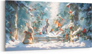 Castle Fairy Cute Rabbit Fox Large Canvas Wall Art,Natural Jungle Landscape Wall Decorations for Home,Snow Pine Tree Posters Decor Picture Paintings for Bedroom 58"X29"