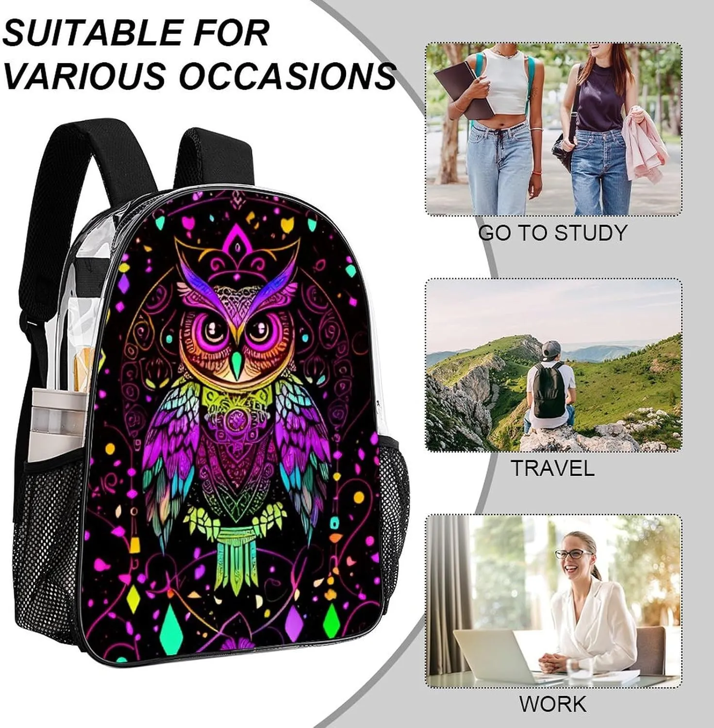 Casual Daypack Multipurpose Anti-Theft Large Capacity Carry On Bag - Cute Abstract Owl Psychedelic Art Casual Daypack Climbing Shoulder Transparent Bag