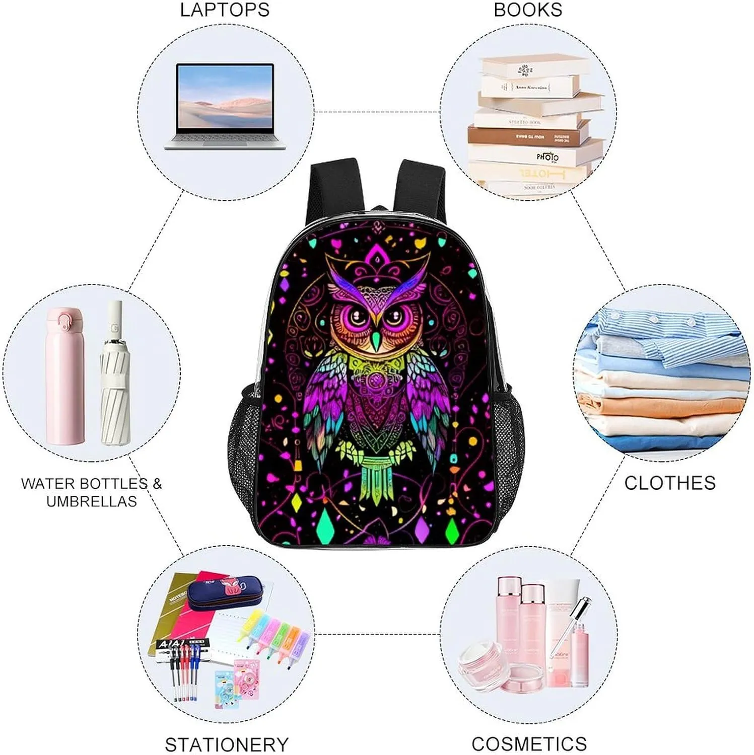 Casual Daypack Multipurpose Anti-Theft Large Capacity Carry On Bag - Cute Abstract Owl Psychedelic Art Casual Daypack Climbing Shoulder Transparent Bag
