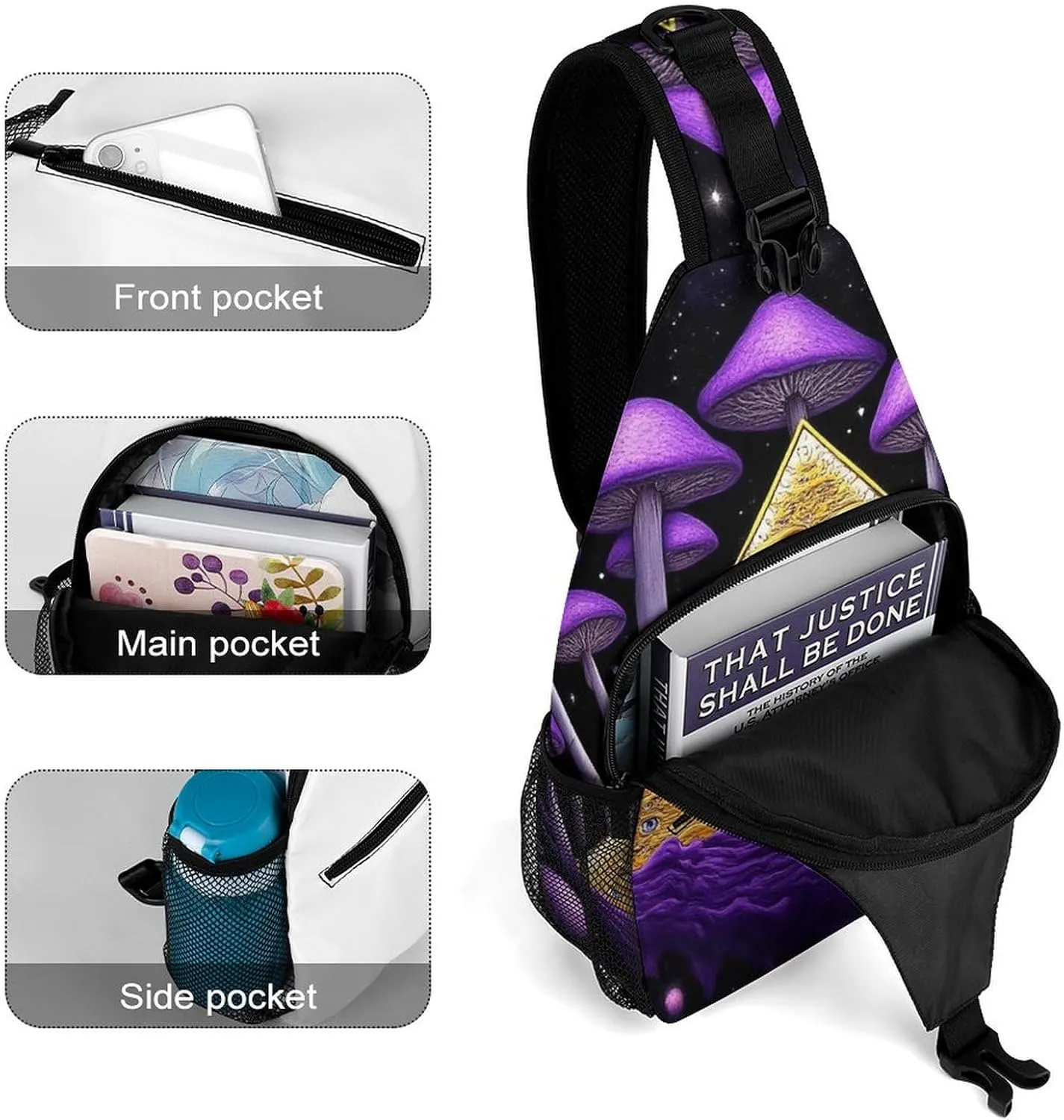 Casual Sling Backpack, Backpacking, Trippy Magic Mushrooms Universe Art Shoulder Chest Crossbody Bag, Camera Case, Casual Carrying Tote Case Crossbody Travel Bag for Men Women