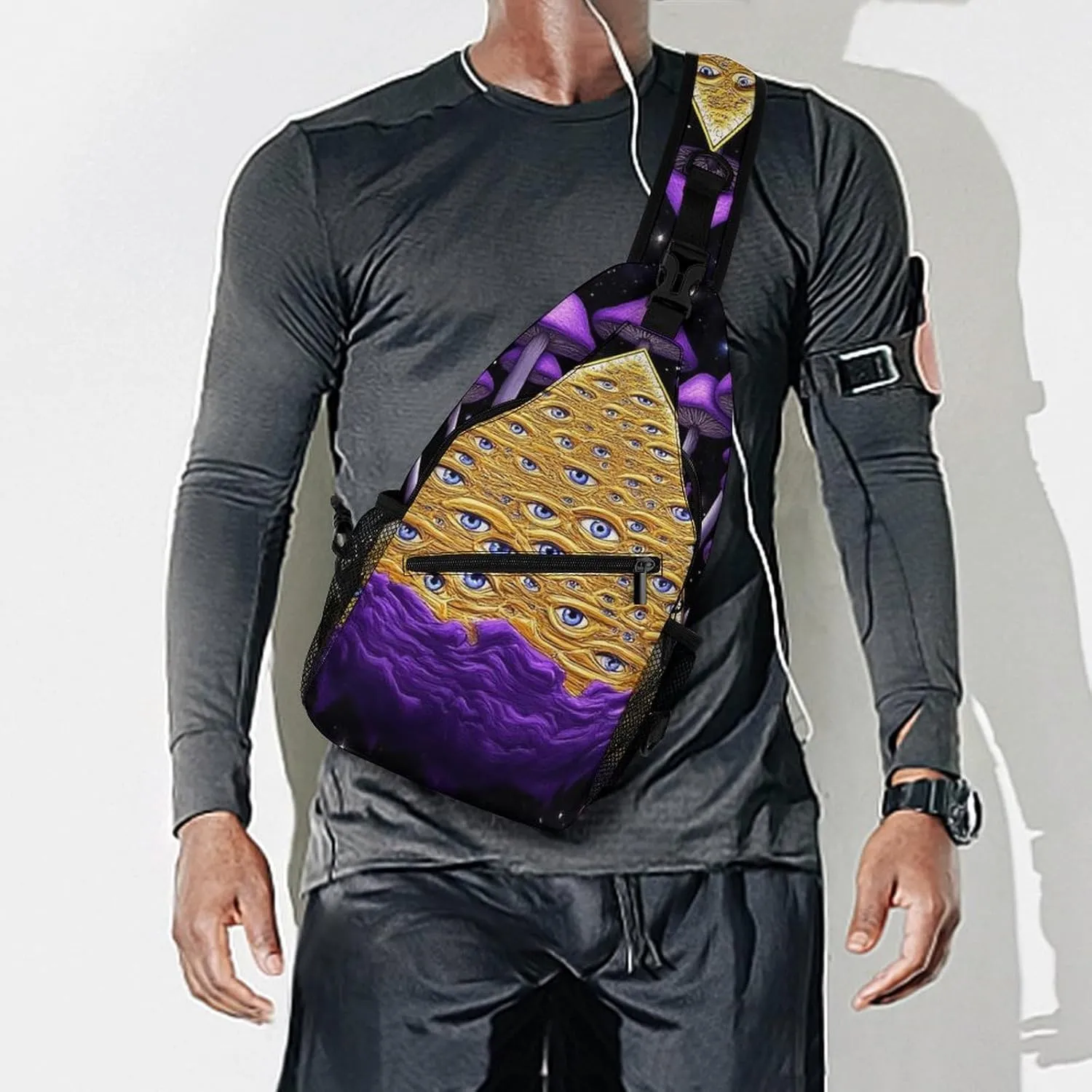 Casual Sling Backpack, Backpacking, Trippy Magic Mushrooms Universe Art Shoulder Chest Crossbody Bag, Camera Case, Casual Carrying Tote Case Crossbody Travel Bag for Men Women